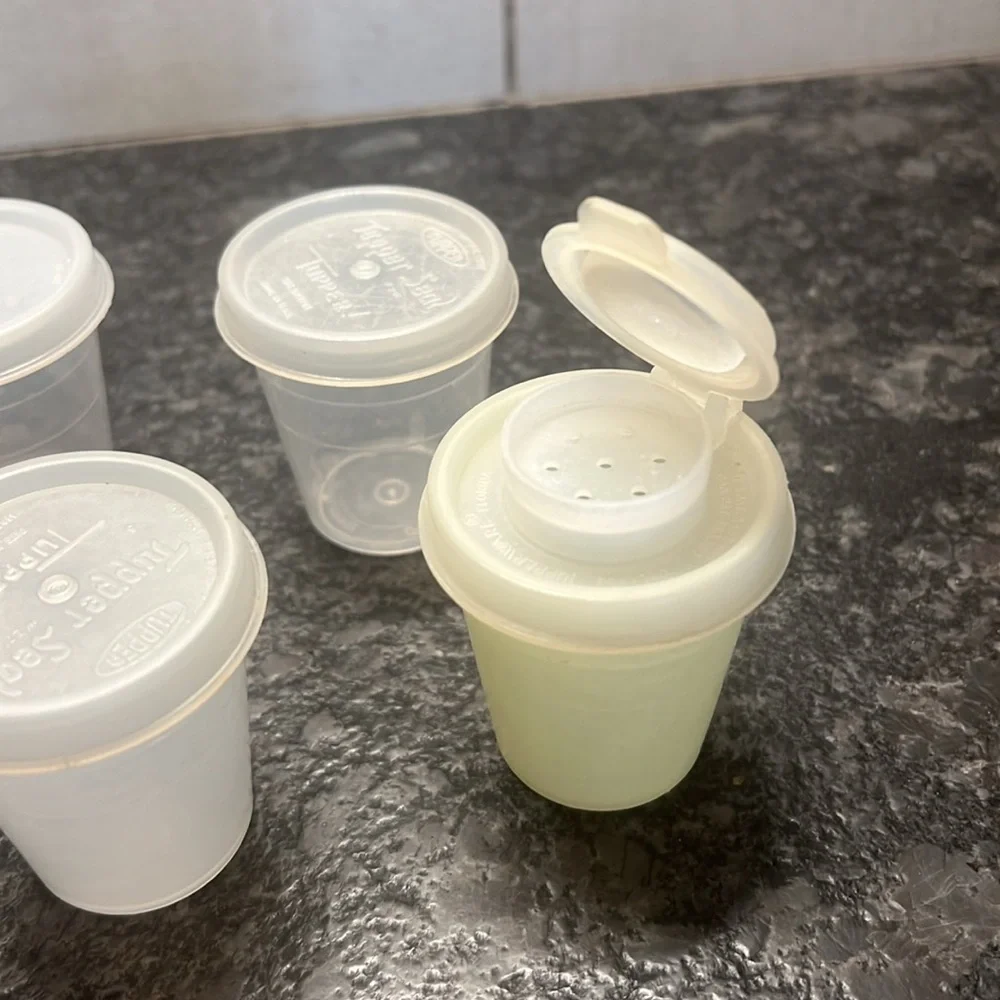 Set of 5 Tupperware midgets. Perfect for lunchboxes. One has shaker top